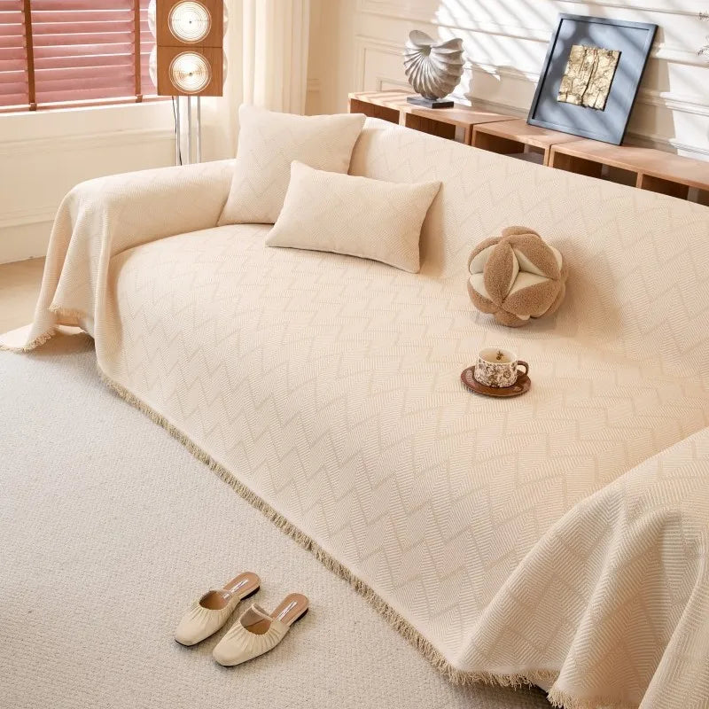 All-Season Universal Full Coverage Non-Slip Couch Imitation Llinen Solid Couch Camping Blanket Vintage Wave Pattern Sofa Cover